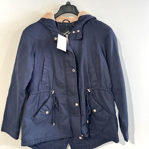 Collection B Juniors' Trendy Hooded Drawstring Waist Anorak Parka Jacket Navy XL - Picture 8 of 12